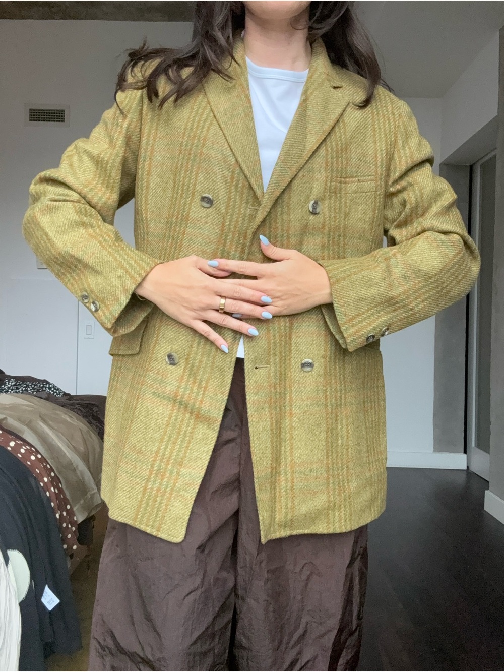 Vintage Double-Breasted Olive Green Plaid Blazer 100% Wool